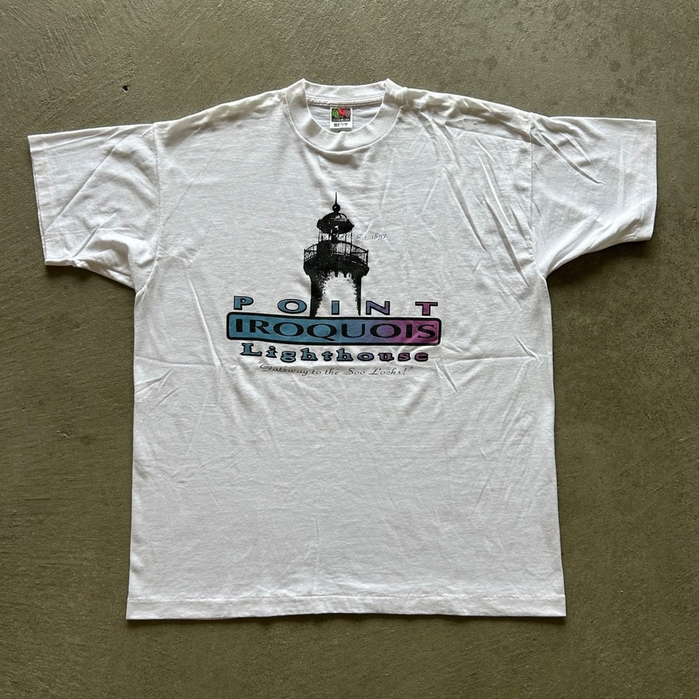 Vintage 90s Point Iroquois Lighthouse Shirt Size XL White Brimley Michigan